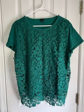 Ann Taylor Emerald Green Floral Lace Short Sleeve Top